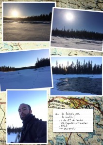 Carnet de voyage en Laponie: journée très difficile, 8h de randonnée en ski, sur le bord de la rivière, puis dans la foret, des rapides a traverser, et un coucher de soleil, par -15